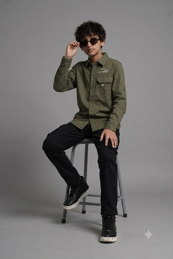 Under_Fourteen_Only_Boys_Olive_Green_Textured_Casual_Twill_Shirt_|_Full_Sleeves_Regular_Fit_Collared_Cotton_Shirt_with_Hidden_Button_Placket_&_Roll-Up_Sleeves_for_Kids