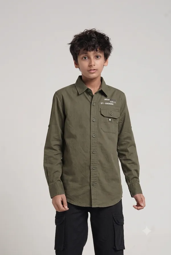 Under_Fourteen_Only_Boys_Olive_Green_Textured_Casual_Twill_Shirt_|_Full_Sleeves_Regular_Fit_Collared_Cotton_Shirt_with_Hidden_Button_Placket_&_Roll-Up_Sleeves_for_Kids