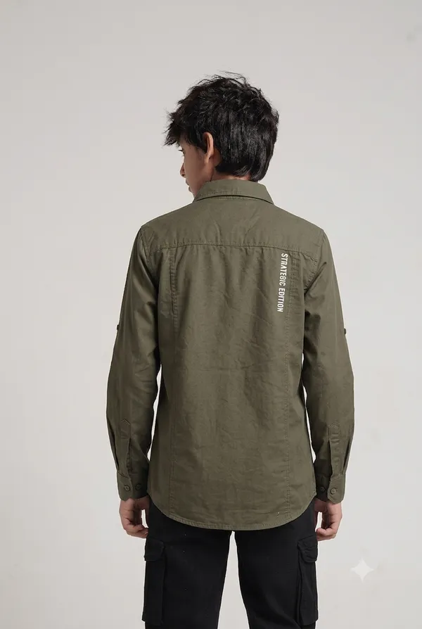 Under_Fourteen_Only_Boys_Olive_Green_Textured_Casual_Twill_Shirt_|_Full_Sleeves_Regular_Fit_Collared_Cotton_Shirt_with_Hidden_Button_Placket_&_Roll-Up_Sleeves_for_Kids