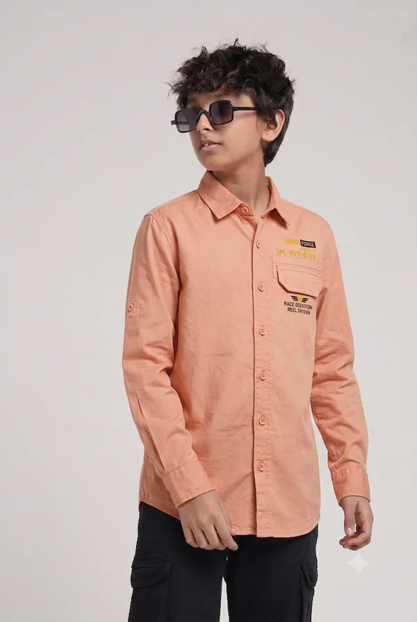 Under_Fourteen_Only_Boys_Orange_Textured_Casual_Twill_Shirt_|_Full_Sleeves_Regular_Fit_Collared_Cotton_Shirt_with_Hidden_Button_Placket_&_Roll-Up_Sleeves_for_Kids