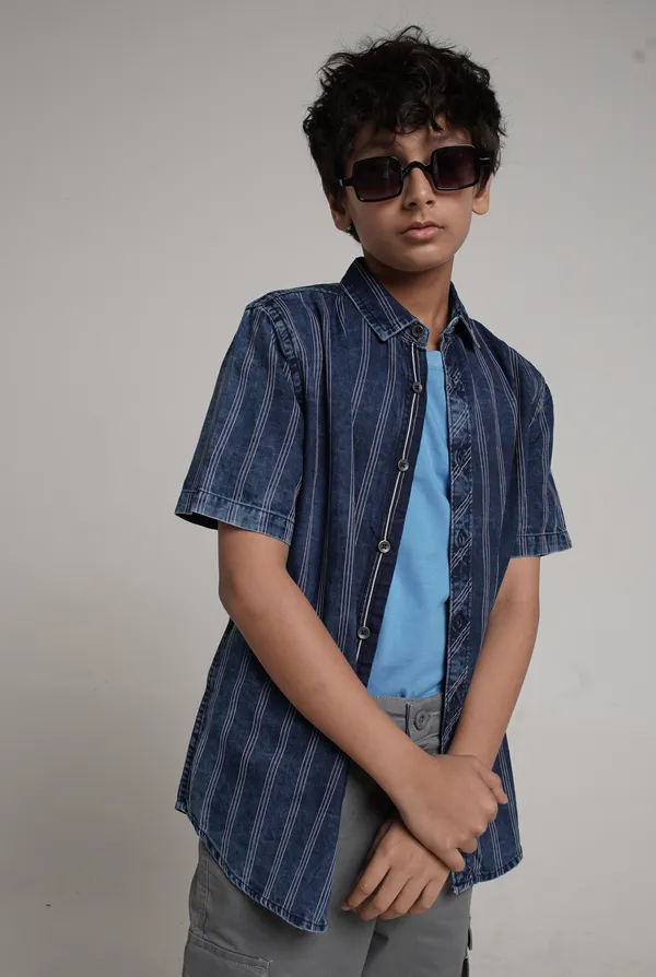 Cotton_Y/D_Stripes_Cut_N_Sew_Lace_Pleated_Frills_Button_Down_Shirt