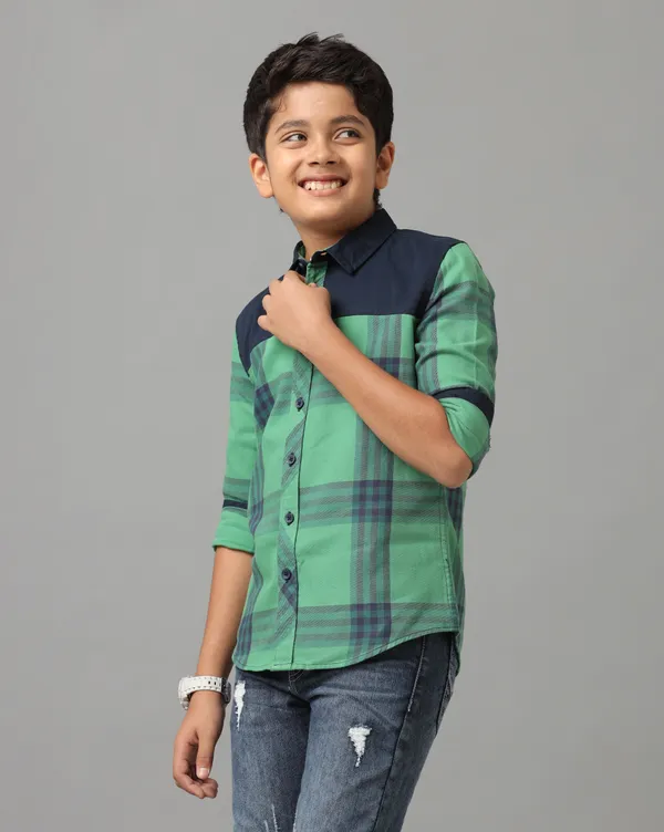 Green_Cotton_Twill_Checks_N_Solid_Cut_&_Sew_Roll_Up_Sleeve_Shirt