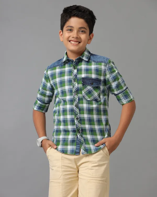 Green_Checks_Indigo_Checks_Washed_Flap_Pocket_Denim_Shoulder_Patch_Roll_Up_Sleeve_Shirt
