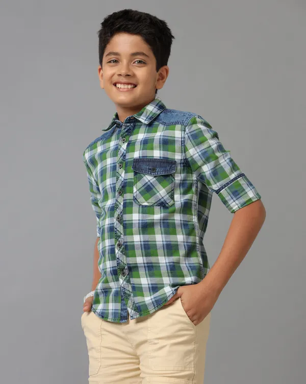 Green_Checks_Indigo_Checks_Washed_Flap_Pocket_Denim_Shoulder_Patch_Roll_Up_Sleeve_Shirt