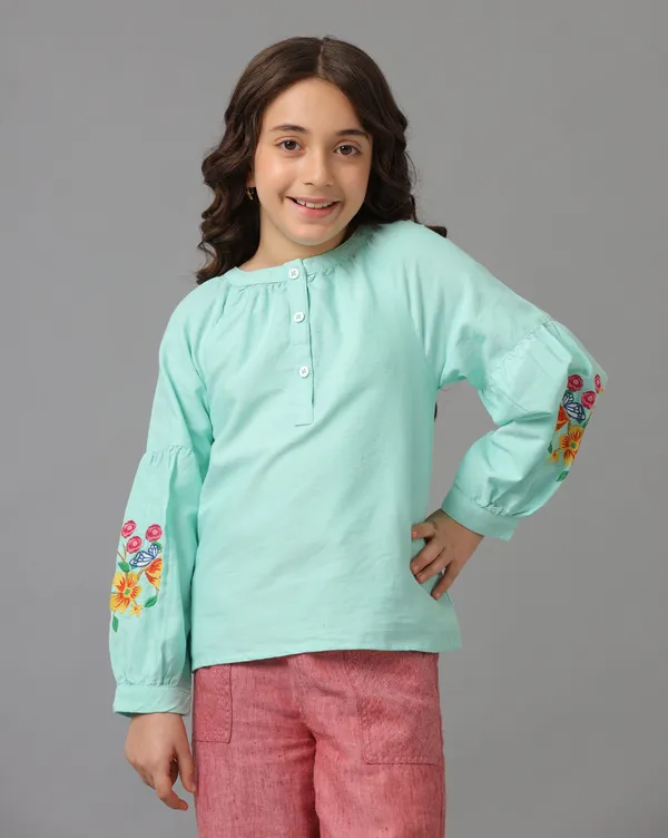 Green_Girls_Long_Sleeve_Top_With_Front_Placket_&_Emb._On_Both_Sleeves
