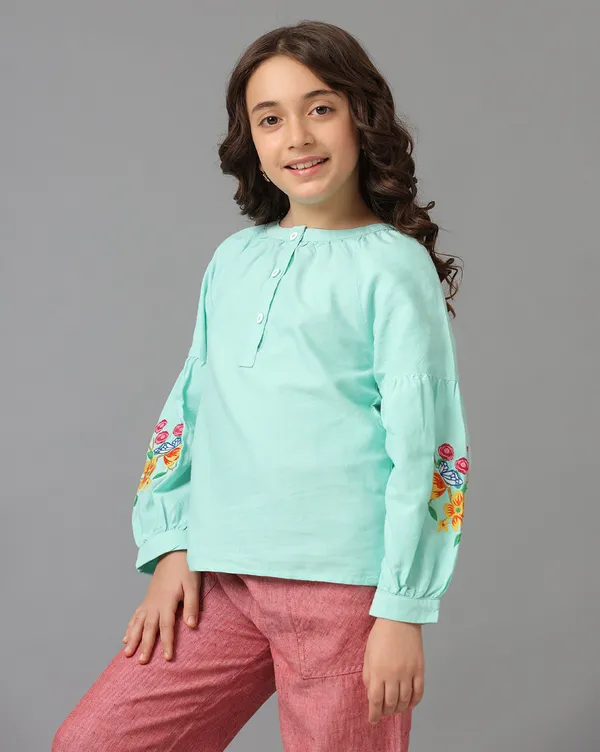 Green_Girls_Long_Sleeve_Top_With_Front_Placket_&_Emb._On_Both_Sleeves
