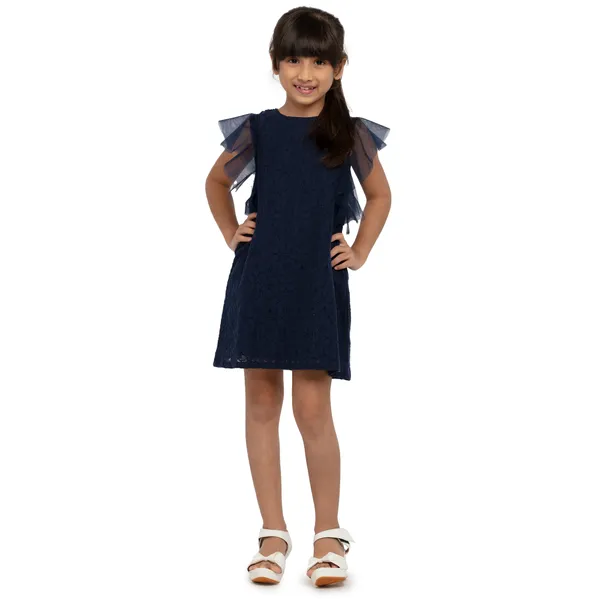 Girls_Cotton_Mesh_Ruffle_Sleeves_Round_Neck_Party_Dress