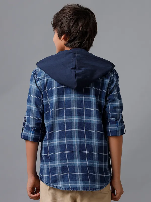 Indigo_Checks_Washed_Knit_Hoodie_Bouble_Flap_Pocket_Roll_Up_Sleeve_Zipper_Shacket