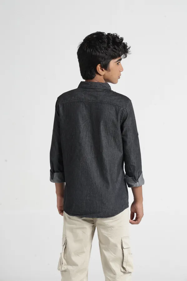 Under_Fourteen_Only_Boys_Black_Solid_Casual_Hooded_Denim_Shirt_|_Full_Sleeves_Relaxed_Fit_Collared_Stretch_Denim_Shirt_with_Detachable_Hood,_HD_Logo_Print_&_Contrast_Tape_for_Kids