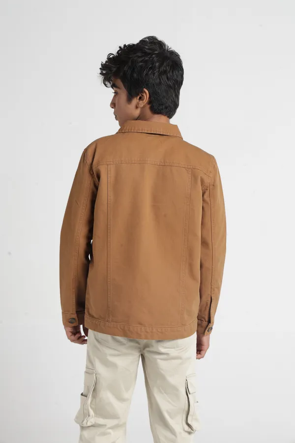 Under_Fourteen_Only_Boys_Brown_Textured_Canvas_Jacket_|_Full_Sleeves_Relaxed_Fit_Button-Down_Utility_Jacket_with_Flap_Pockets_for_Kids