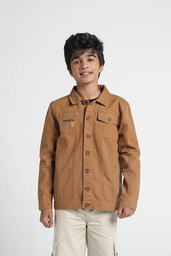 Under_Fourteen_Only_Boys_Brown_Textured_Canvas_Jacket_|_Full_Sleeves_Relaxed_Fit_Button-Down_Utility_Jacket_with_Flap_Pockets_for_Kids