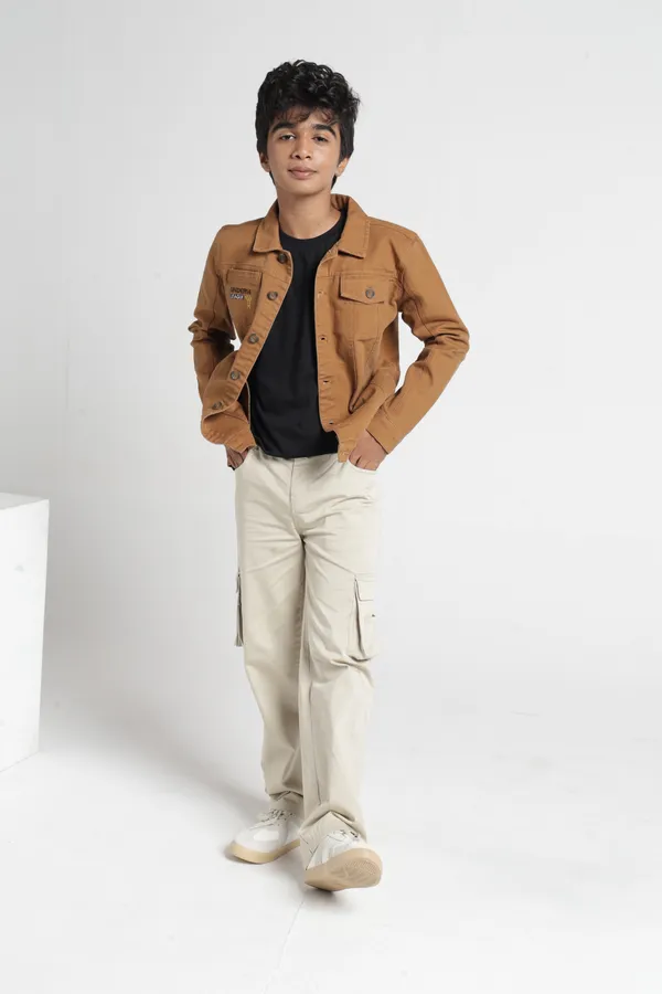 Under_Fourteen_Only_Boys_Brown_Textured_Canvas_Jacket_|_Full_Sleeves_Relaxed_Fit_Button-Down_Utility_Jacket_with_Flap_Pockets_for_Kids