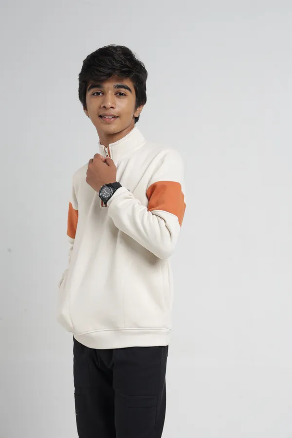 Under_Fourteen_Only_Boys_Cream_Textured_Quarter_Zip_Sweatshirt_|_Full_Sleeves_Relaxed_Fit_High_Neck_Fleece_Pullover_with_Chest_Embroidery_for_Kids
