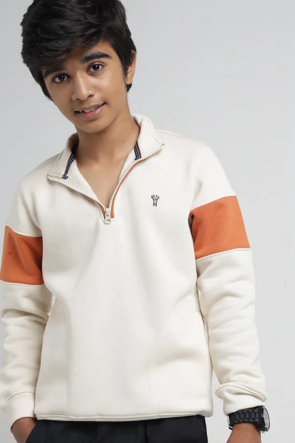 Under_Fourteen_Only_Boys_Cream_Textured_Quarter_Zip_Sweatshirt_|_Full_Sleeves_Relaxed_Fit_High_Neck_Fleece_Pullover_with_Chest_Embroidery_for_Kids
