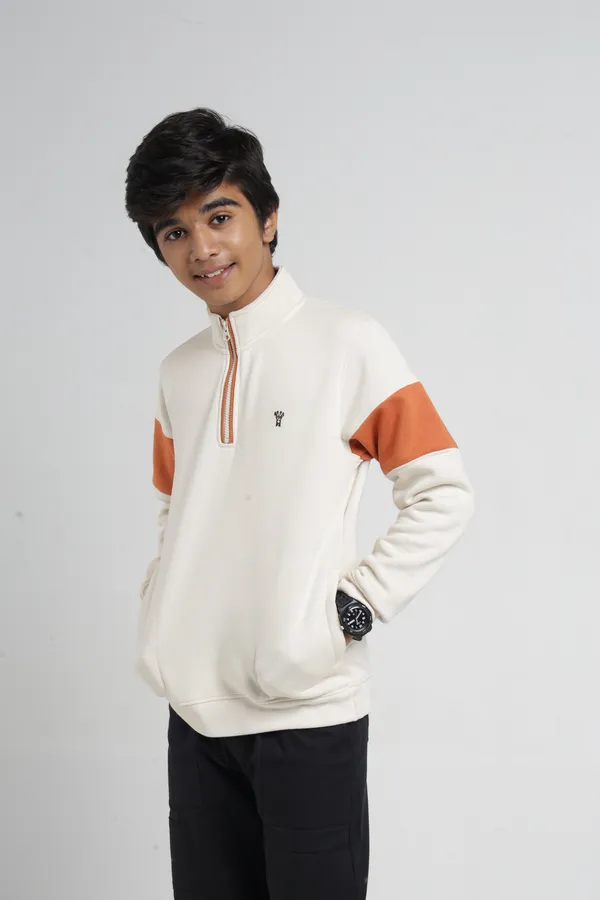 Under_Fourteen_Only_Boys_Cream_Textured_Quarter_Zip_Sweatshirt_|_Full_Sleeves_Relaxed_Fit_High_Neck_Fleece_Pullover_with_Chest_Embroidery_for_Kids