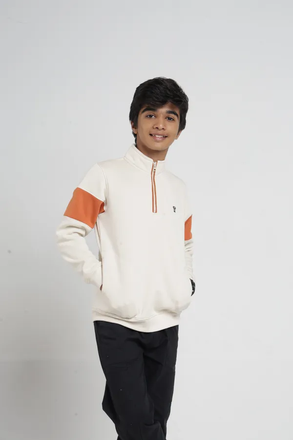 Under_Fourteen_Only_Boys_Cream_Textured_Quarter_Zip_Sweatshirt_|_Full_Sleeves_Relaxed_Fit_High_Neck_Fleece_Pullover_with_Chest_Embroidery_for_Kids