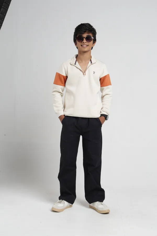 Under_Fourteen_Only_Boys_Cream_Textured_Quarter_Zip_Sweatshirt_|_Full_Sleeves_Relaxed_Fit_High_Neck_Fleece_Pullover_with_Chest_Embroidery_for_Kids