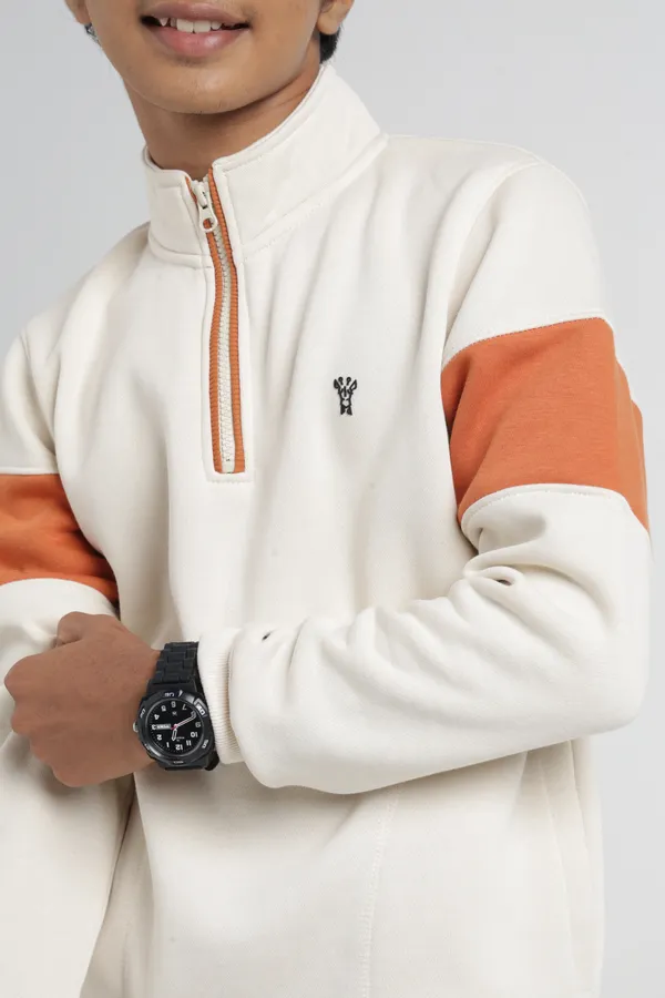 Under_Fourteen_Only_Boys_Cream_Textured_Quarter_Zip_Sweatshirt_|_Full_Sleeves_Relaxed_Fit_High_Neck_Fleece_Pullover_with_Chest_Embroidery_for_Kids