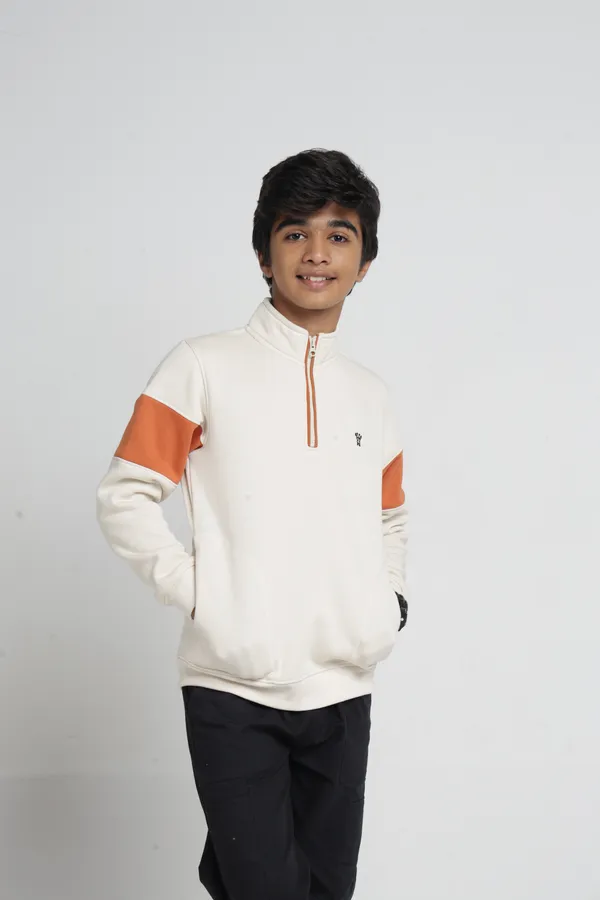 Under_Fourteen_Only_Boys_Cream_Textured_Quarter_Zip_Sweatshirt_|_Full_Sleeves_Relaxed_Fit_High_Neck_Fleece_Pullover_with_Chest_Embroidery_for_Kids