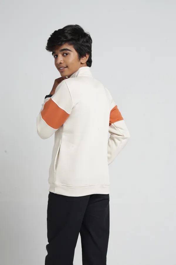Under_Fourteen_Only_Boys_Cream_Textured_Quarter_Zip_Sweatshirt_|_Full_Sleeves_Relaxed_Fit_High_Neck_Fleece_Pullover_with_Chest_Embroidery_for_Kids