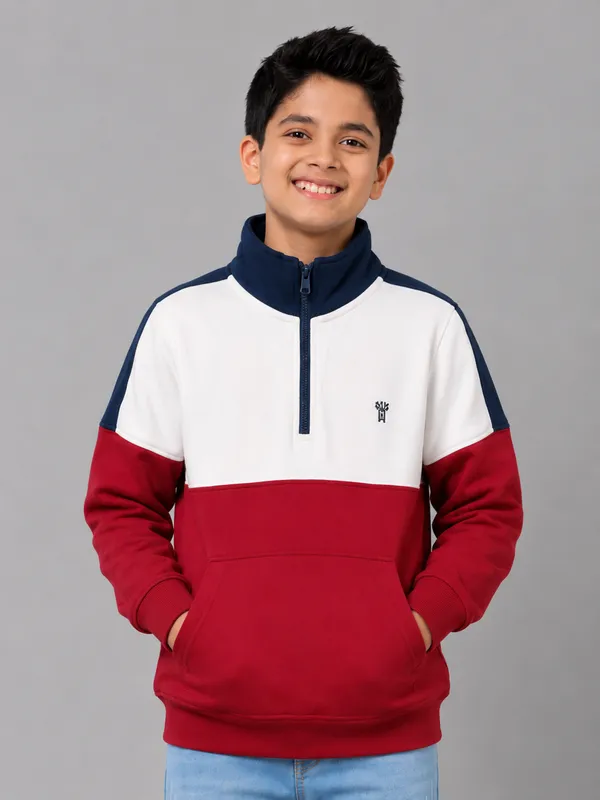 Under_Fourteen_Only_Boys_Red_Textured_Quarter_Zip_Sweatshirt_|_Full_Sleeves_Relaxed_Fit_High_Neck_Fleece_Pullover_with_Kangaroo_Pocket_for_Kids