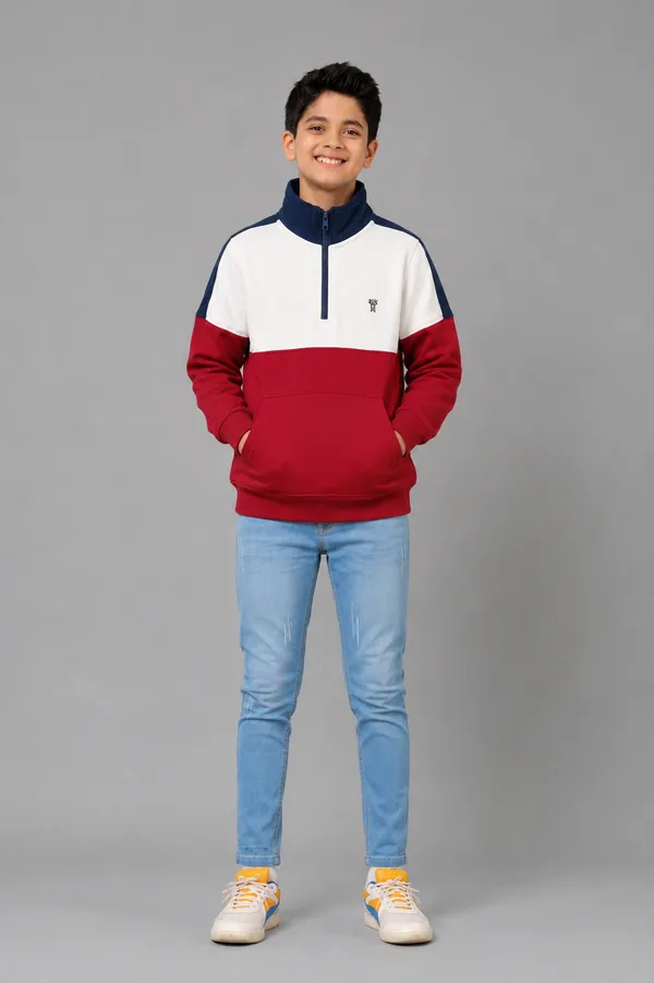 Under_Fourteen_Only_Boys_Red_Textured_Quarter_Zip_Sweatshirt_|_Full_Sleeves_Relaxed_Fit_High_Neck_Fleece_Pullover_with_Kangaroo_Pocket_for_Kids