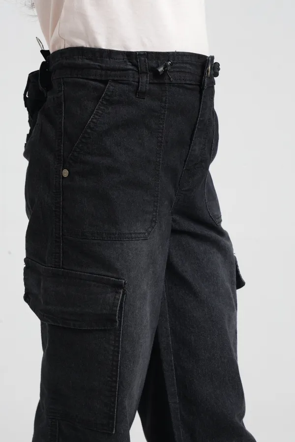 Under_Fourteen_Only_Girls_Black_Textured_Cargo_Denim_Jeans_|_Cargo_Fit_Stretch_Denim_High_Waist_Wide_Leg_Jeans_with_Utility_Pockets_for_Kids