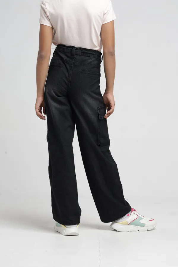 Under_Fourteen_Only_Girls_Black_Textured_Cargo_Denim_Jeans_|_Cargo_Fit_Stretch_Denim_High_Waist_Wide_Leg_Jeans_with_Utility_Pockets_for_Kids