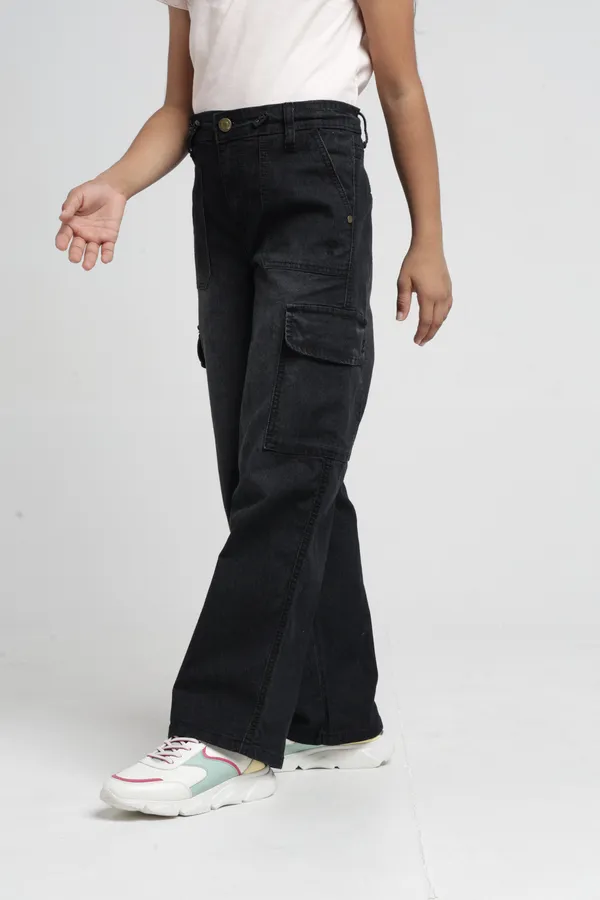 Under_Fourteen_Only_Girls_Black_Textured_Cargo_Denim_Jeans_|_Cargo_Fit_Stretch_Denim_High_Waist_Wide_Leg_Jeans_with_Utility_Pockets_for_Kids