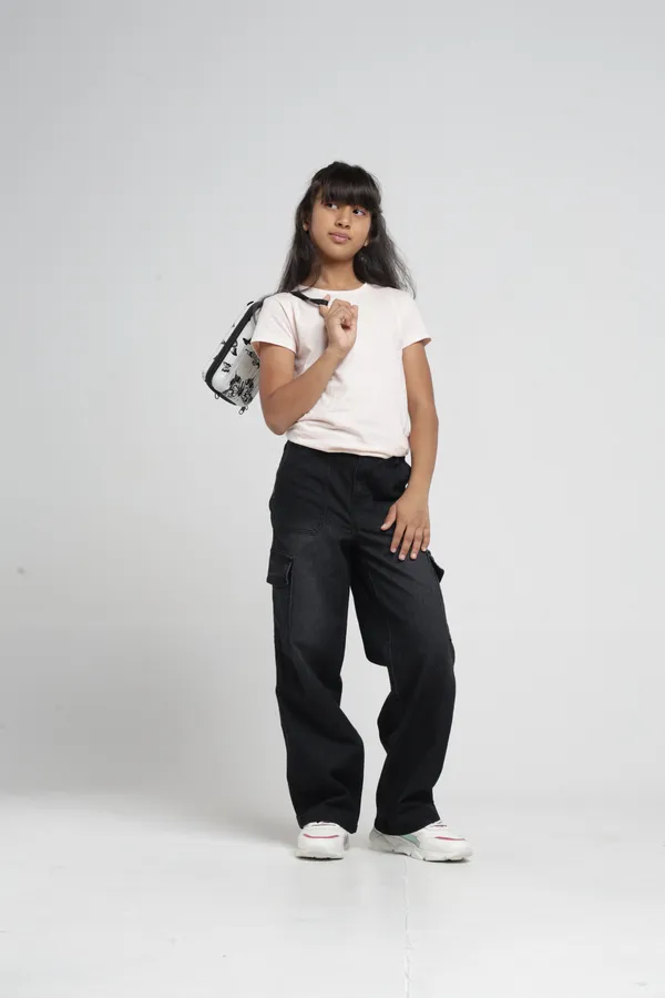 Under_Fourteen_Only_Girls_Black_Textured_Cargo_Denim_Jeans_|_Cargo_Fit_Stretch_Denim_High_Waist_Wide_Leg_Jeans_with_Utility_Pockets_for_Kids