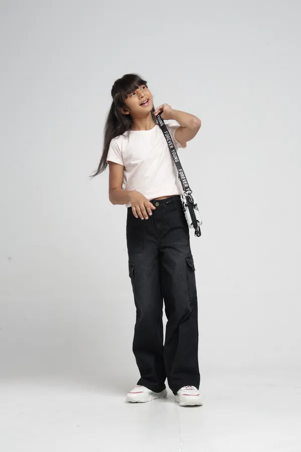 Under_Fourteen_Only_Girls_Black_Textured_Cargo_Denim_Jeans_|_Cargo_Fit_Stretch_Denim_High_Waist_Wide_Leg_Jeans_with_Utility_Pockets_for_Kids