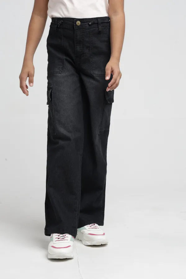 Under_Fourteen_Only_Girls_Black_Textured_Cargo_Denim_Jeans_|_Cargo_Fit_Stretch_Denim_High_Waist_Wide_Leg_Jeans_with_Utility_Pockets_for_Kids