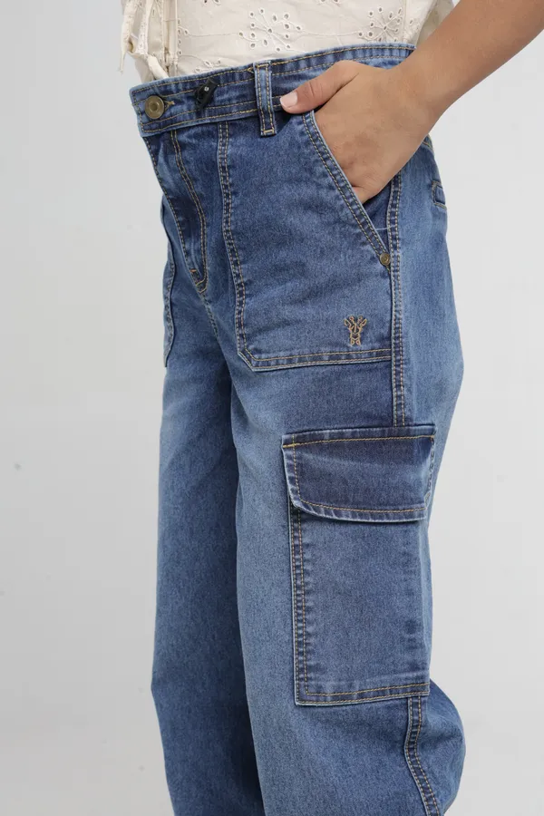 Under_Fourteen_Only_Girls_Blue_Textured_Cargo_Denim_Jeans_|_Cargo_Fit_Stretch_Denim_High_Waist_Wide_Leg_Jeans_with_Utility_Pockets_for_Kids
