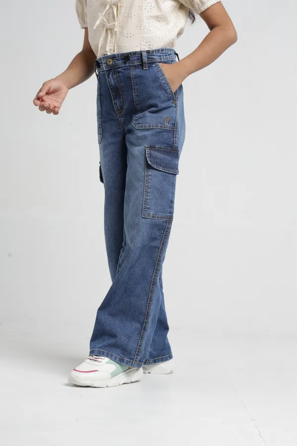 Under_Fourteen_Only_Girls_Blue_Textured_Cargo_Denim_Jeans_|_Cargo_Fit_Stretch_Denim_High_Waist_Wide_Leg_Jeans_with_Utility_Pockets_for_Kids
