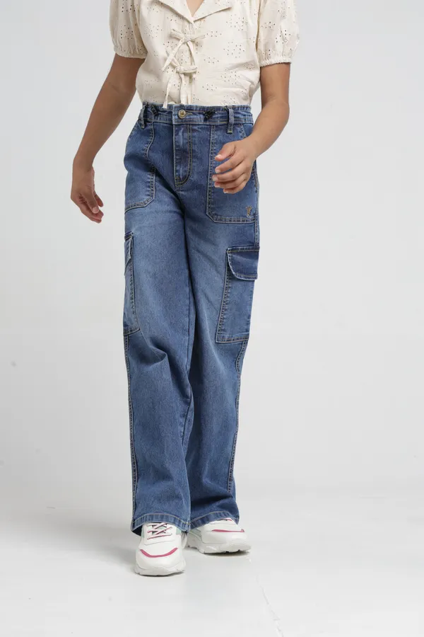 Under_Fourteen_Only_Girls_Blue_Textured_Cargo_Denim_Jeans_|_Cargo_Fit_Stretch_Denim_High_Waist_Wide_Leg_Jeans_with_Utility_Pockets_for_Kids