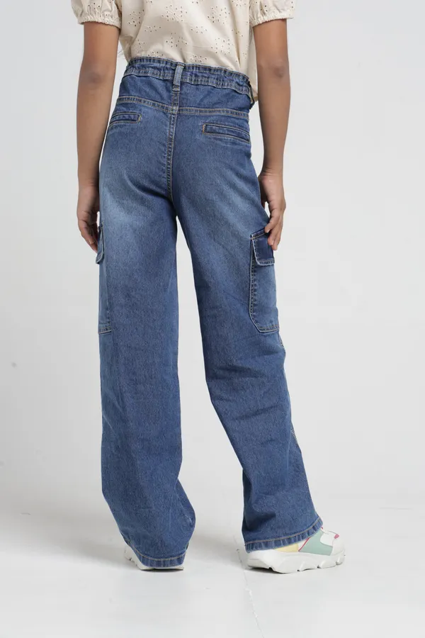 Under_Fourteen_Only_Girls_Blue_Textured_Cargo_Denim_Jeans_|_Cargo_Fit_Stretch_Denim_High_Waist_Wide_Leg_Jeans_with_Utility_Pockets_for_Kids
