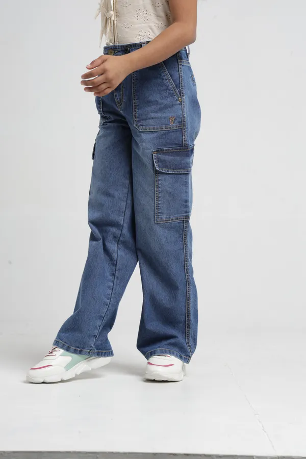 Under_Fourteen_Only_Girls_Blue_Textured_Cargo_Denim_Jeans_|_Cargo_Fit_Stretch_Denim_High_Waist_Wide_Leg_Jeans_with_Utility_Pockets_for_Kids