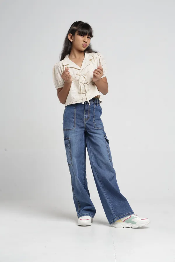 Under_Fourteen_Only_Girls_Blue_Textured_Cargo_Denim_Jeans_|_Cargo_Fit_Stretch_Denim_High_Waist_Wide_Leg_Jeans_with_Utility_Pockets_for_Kids