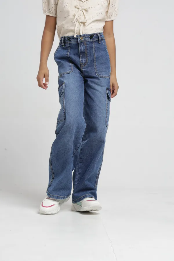 Under_Fourteen_Only_Girls_Blue_Textured_Cargo_Denim_Jeans_|_Cargo_Fit_Stretch_Denim_High_Waist_Wide_Leg_Jeans_with_Utility_Pockets_for_Kids