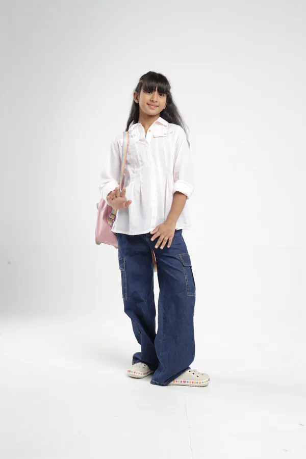 Under_Fourteen_Only_Girls_White_Solid_Casual_Top_|_Full_Sleeves_Regular_Fit_Collared_Button-Down_Top_with_Flap_Pockets_&_Pleated_Front_for_Kids