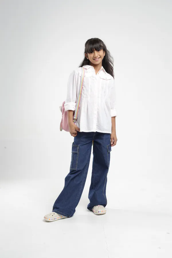 Under_Fourteen_Only_Girls_White_Solid_Casual_Top_|_Full_Sleeves_Regular_Fit_Collared_Button-Down_Top_with_Flap_Pockets_&_Pleated_Front_for_Kids