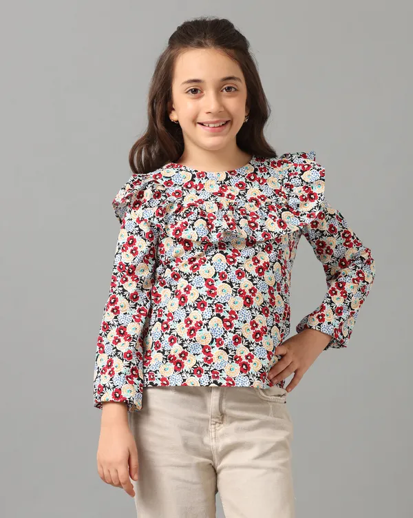 Maroon_Girls_Long_Sleeve_Printed_Top_With_Ruffles_At_The_Chest