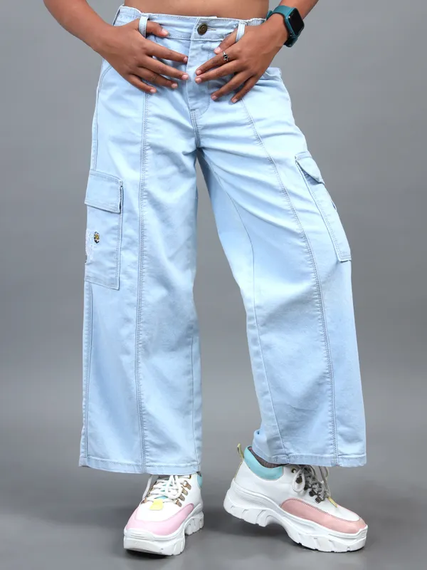 Cotton_Denim_Washed_Cargo_Pockets_Front_Cut_N_Sew_Elastic_Waistband_Baggy_Fit_Denim_Pants