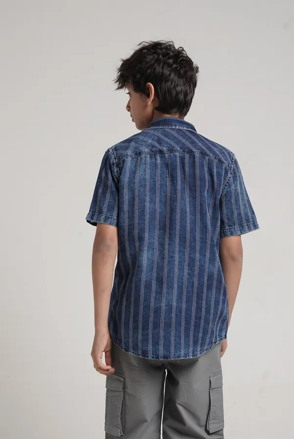 Boys_Cotton_Indigo_Y/D_Stripes_Denim_Washed_Contrast_Twill_Tape_Half_Sleeve_Shirt