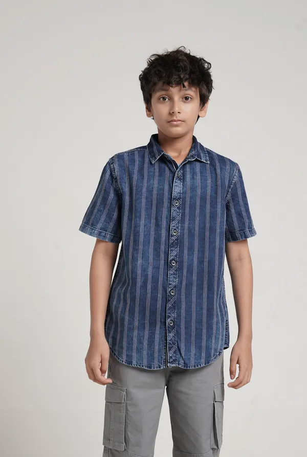 Boys_Cotton_Indigo_Y/D_Stripes_Denim_Washed_Contrast_Twill_Tape_Half_Sleeve_Shirt