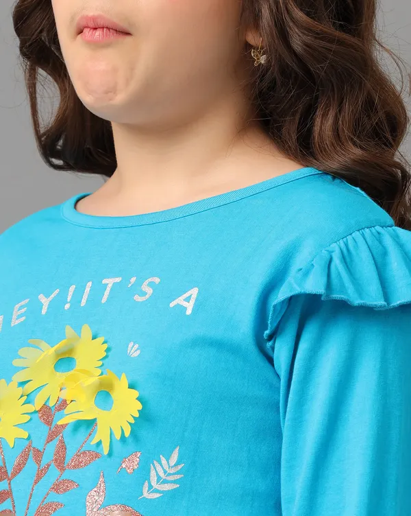 Under_Fourteen_Only_Girls_Dark_Blue_Solid_Denim_Co-Ord_Set_|_Half_Sleeves_Regular_Fit_Round_Neck_2-Piece_Outfit_with_Embroidery_for_Kids