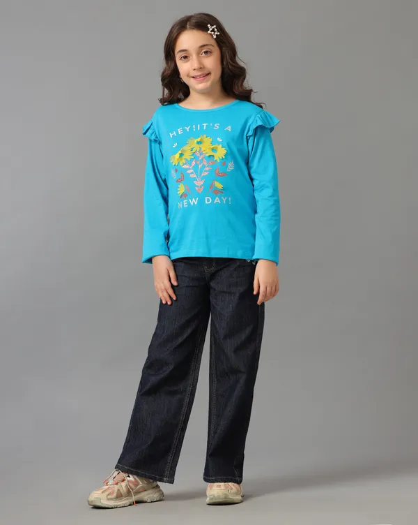 Under_Fourteen_Only_Girls_Dark_Blue_Solid_Denim_Co-Ord_Set_|_Half_Sleeves_Regular_Fit_Round_Neck_2-Piece_Outfit_with_Embroidery_for_Kids