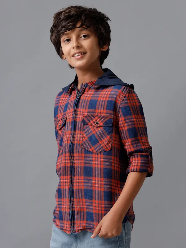 Indigo_Checks_Washed_Knit_Hoodie_Bouble_Flap_Pocket_Roll_Up_Sleeve_Zipper_Shacket
