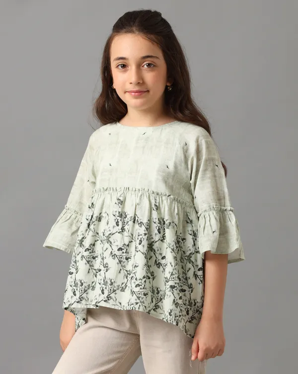 Green_Girls_Printed_3/4Th_Sleeve_A_Line_Top_With_Ruffles_At_Chest