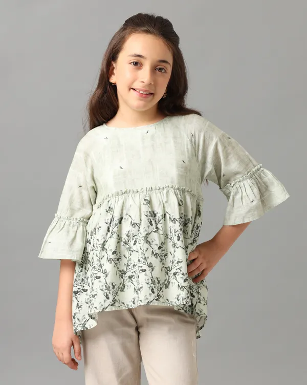 Green_Girls_Printed_3/4Th_Sleeve_A_Line_Top_With_Ruffles_At_Chest